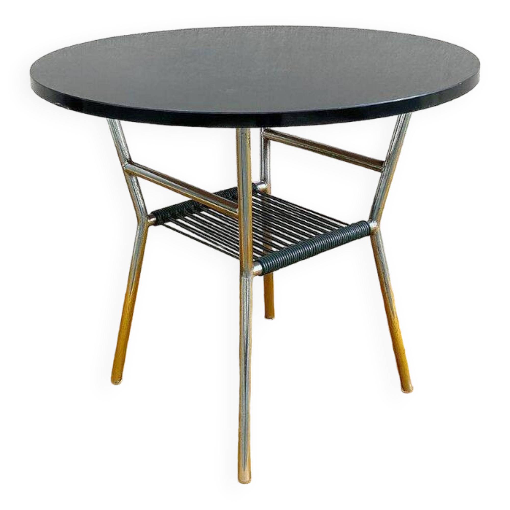 Table basse ronde avec plateau noir et étagère porte-revues en scoubidou vert foncé