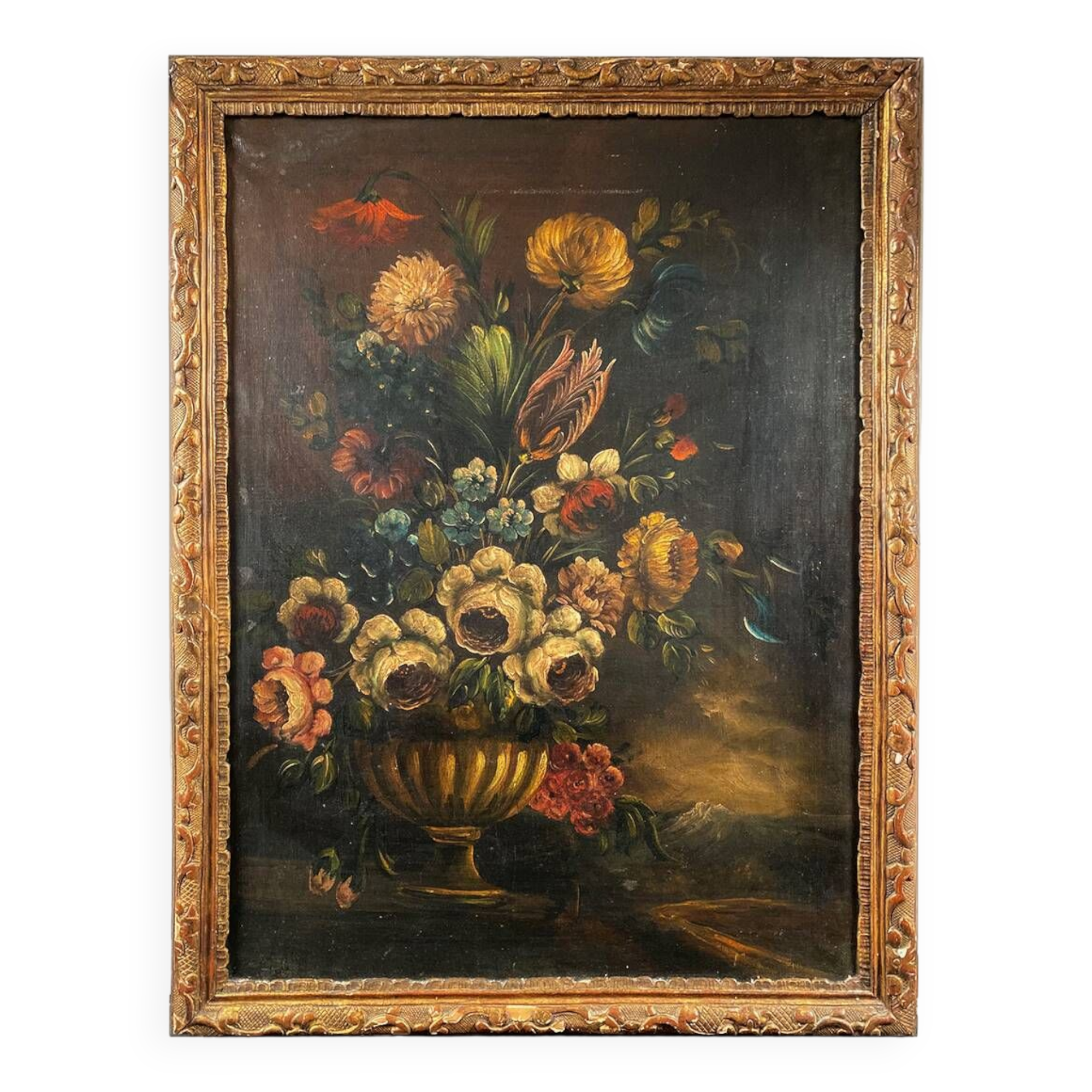 Dutch school 19th century, oil on canvas. “Bouquet of flowers on an entablature”.