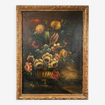 Dutch school 19th century, oil on canvas. “Bouquet of flowers on an entablature”.