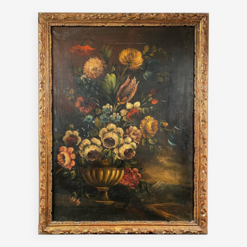 Ecole hollandaise XIXe, huile sur toile. “Bouquet de fleurs sur un entablement”.