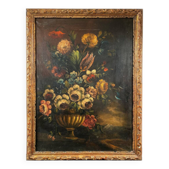 Dutch school 19th century, oil on canvas. “Bouquet of flowers on an entablature”.