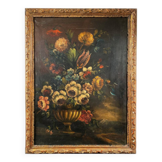 Ecole hollandaise XIXe, huile sur toile. “Bouquet de fleurs sur un entablement”.