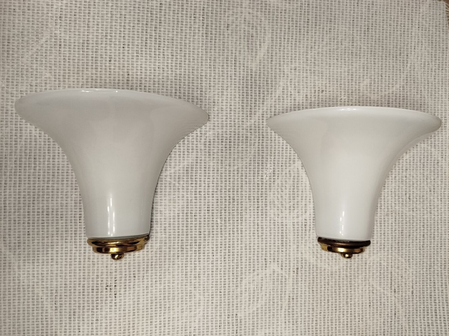 Pair of Italian wall sconces, frosted glass, brass.
