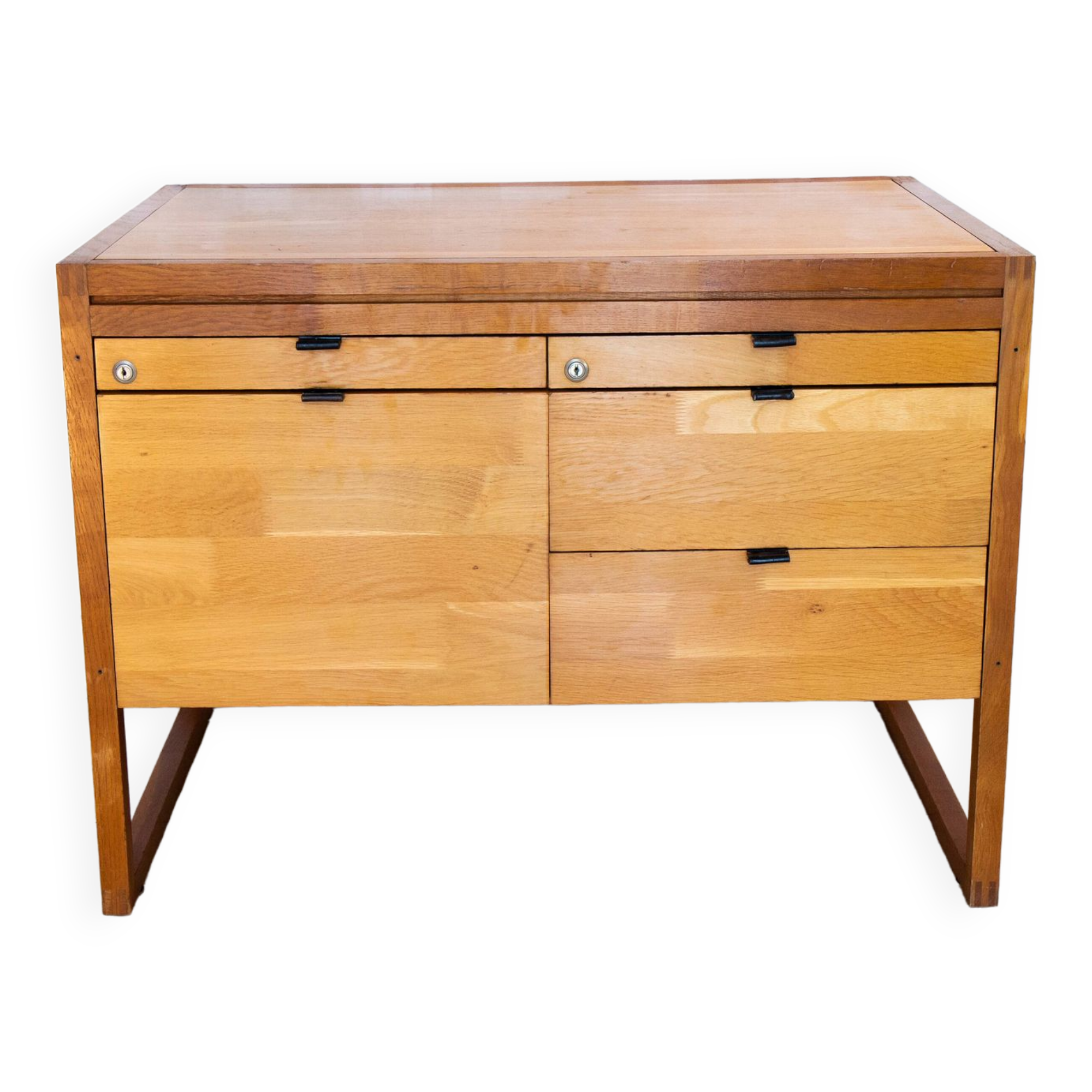 Scandinavian storage unit, solid wood and leather