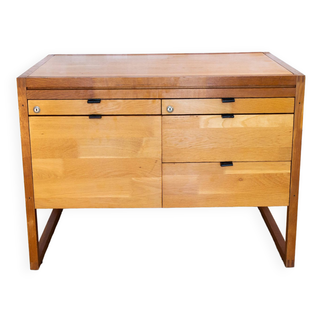 meuble-de-rangement-scandinave-bois-massif-et-cuir-selency