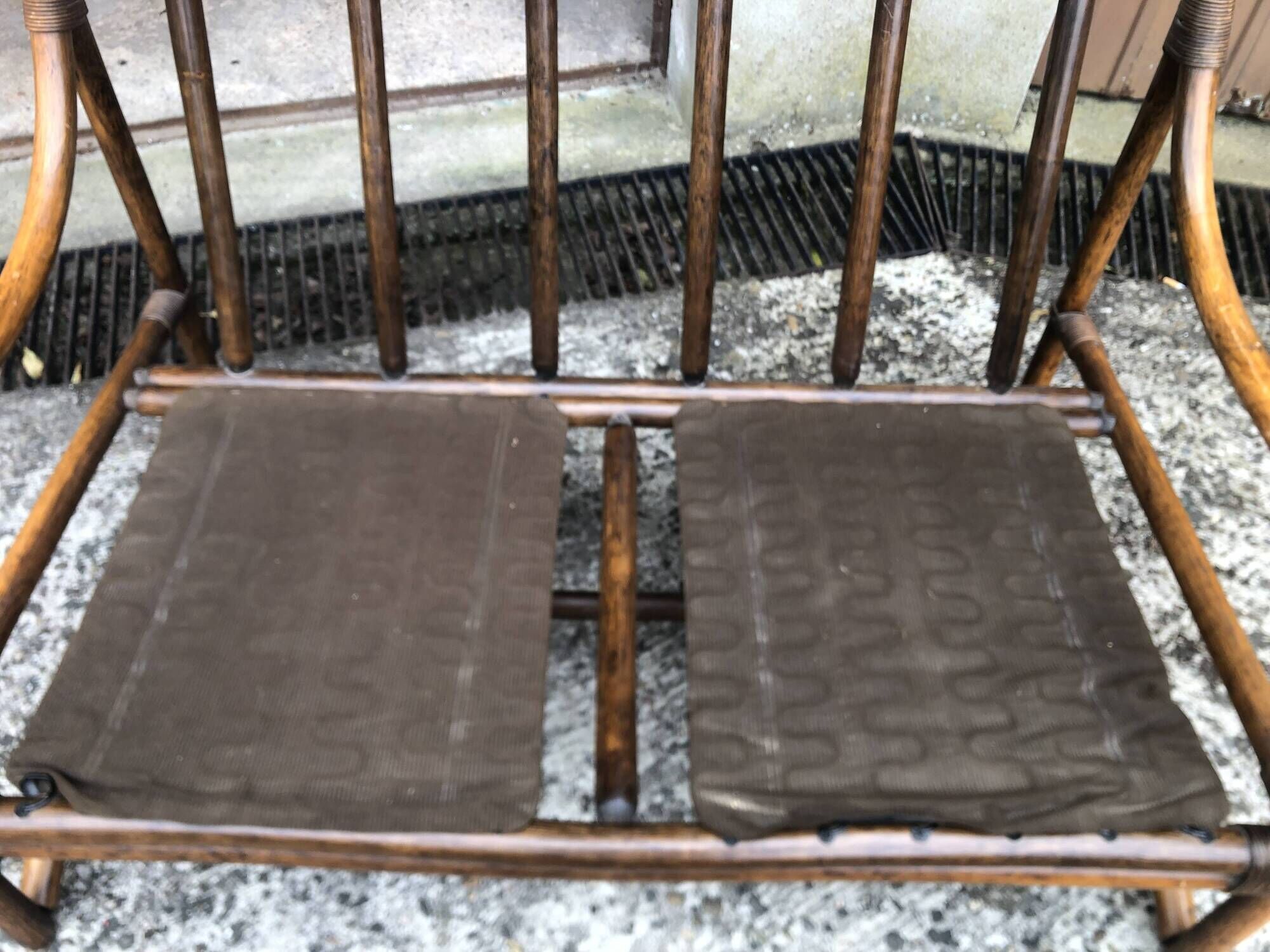 2-seater rattan sofa with vintage velvet cushions from the 70s