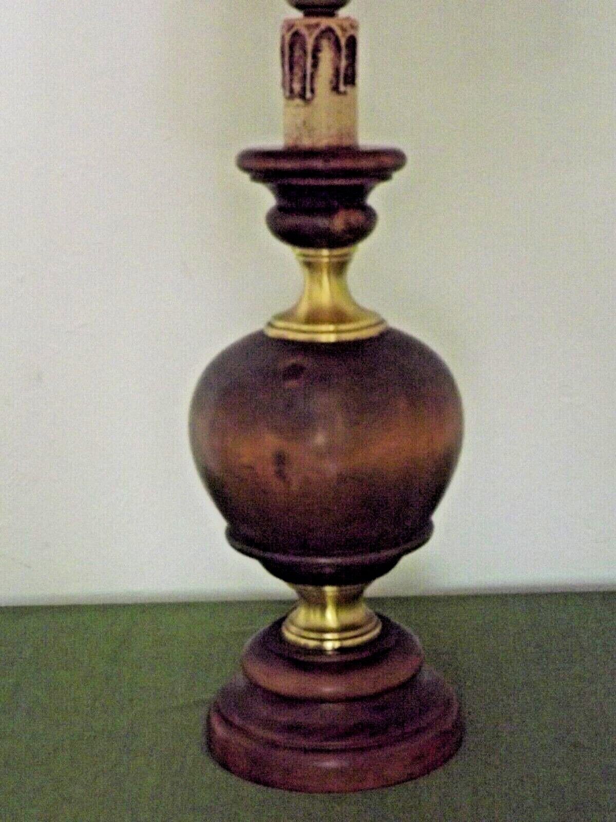 French Mid Century Round Lamp in Turned Wood and Gold Metal Beige Fabric Shade 3625