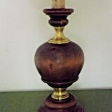 French Mid Century Round Lamp in Turned Wood and Gold Metal Beige Fabric Shade 3625