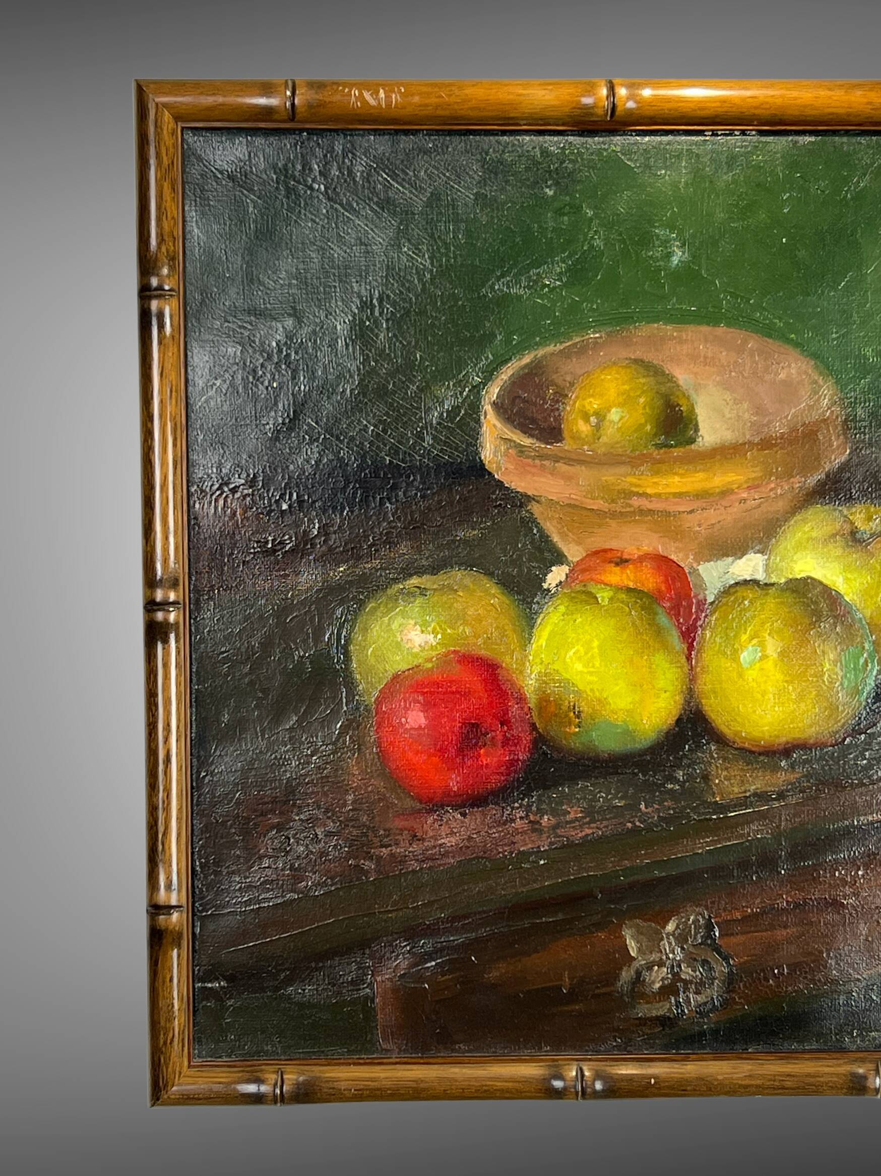 Painting, oil on canvas, still life with apples with bamboo frame