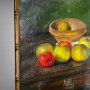 Painting, oil on canvas, still life with apples with bamboo frame