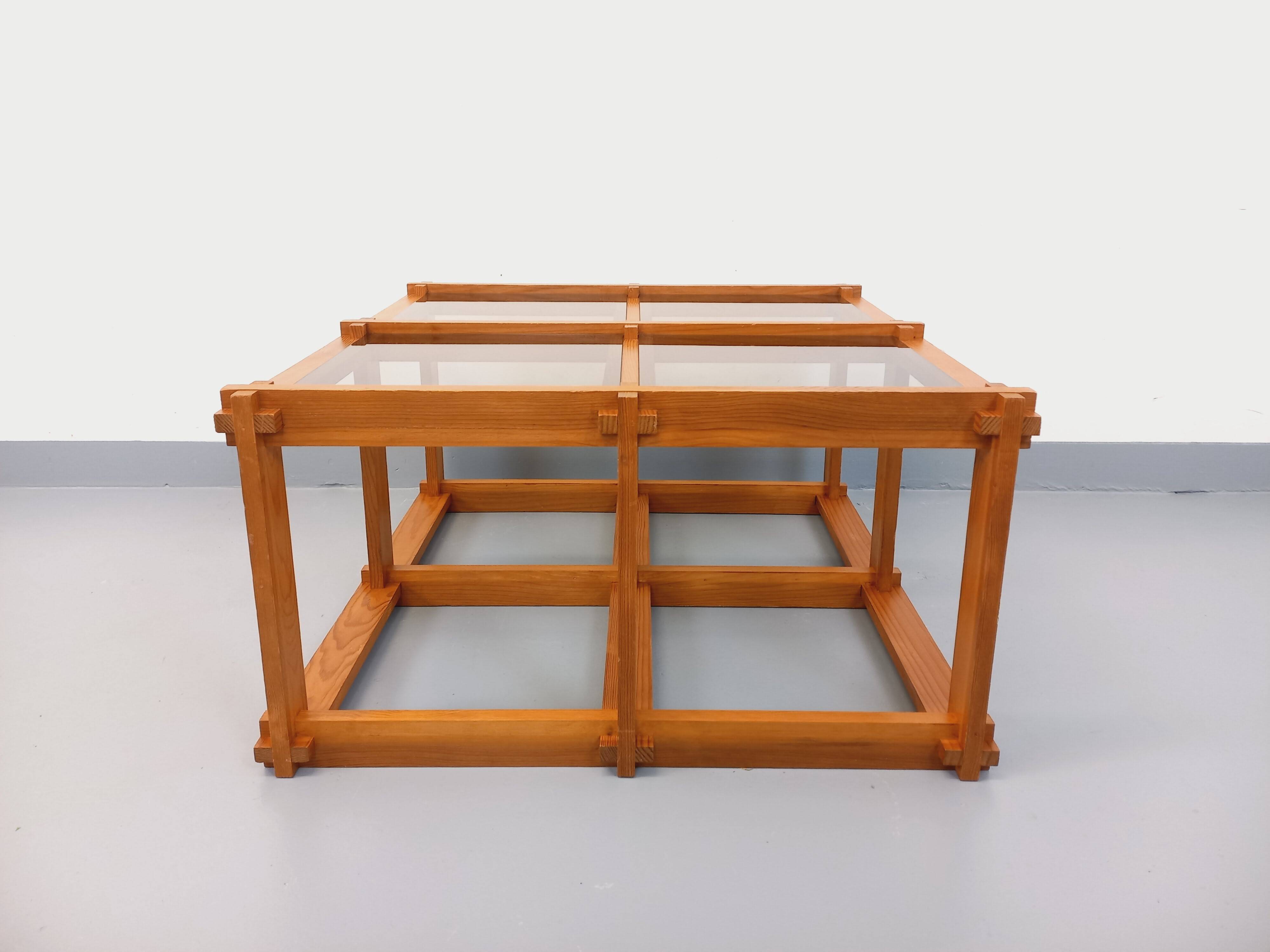 Vintage square coffee table in pine and smoked glass from the 70s and 80s.