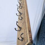 Teak coat rack with 10 double cast iron hooks