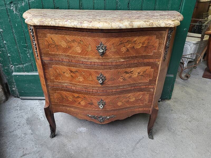 CURVED MARQUETRY CHEST WITH MARBLE TOP 3 ROSEWOOD DRAWERS
