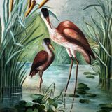 Oil on canvas still life depicting pink flamingos
