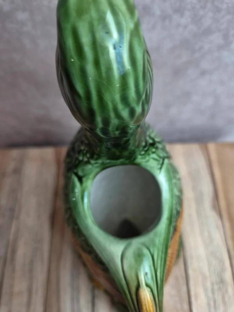 Large vintage duck jug in barbotine – green glazed earthenware – 29 cm