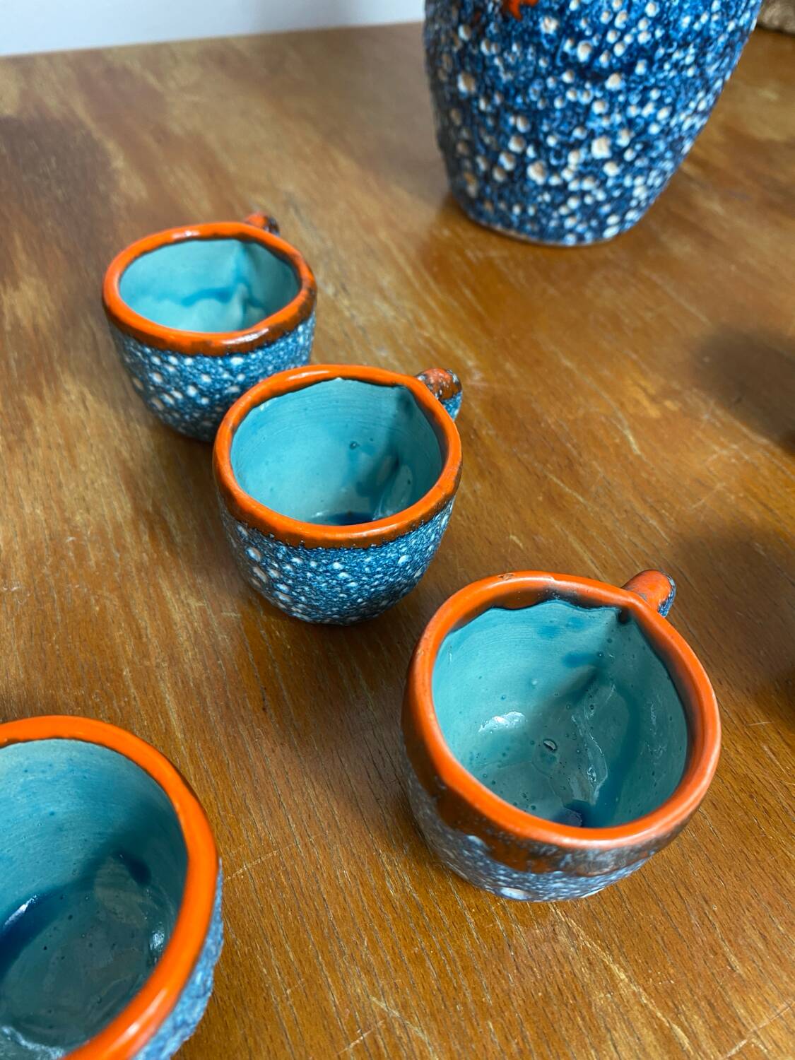 Liqueur service, ceramic, sea foam, Vallauris