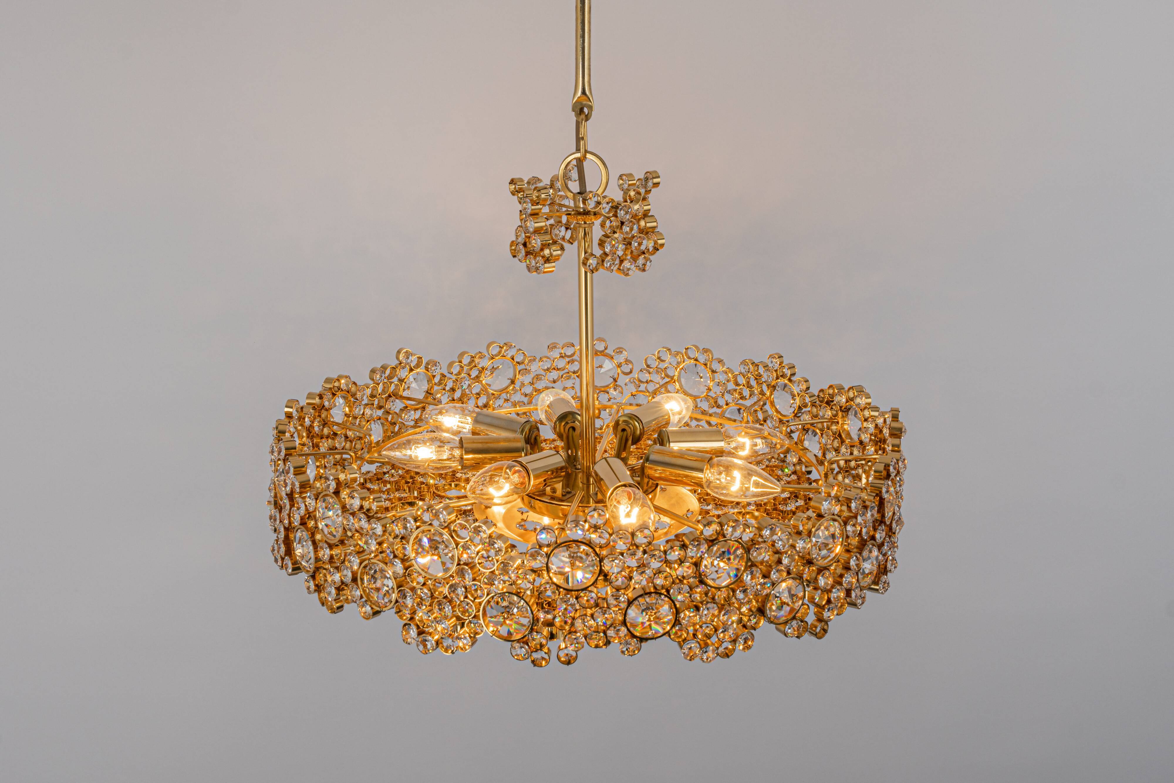 Gilt Brass and Crystal Glass Encrusted Chandeliers by Palwa, Germany, 1970s
