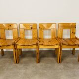 4 brutalist chairs by Silvio Coppola for Roche Bobois, solid pine