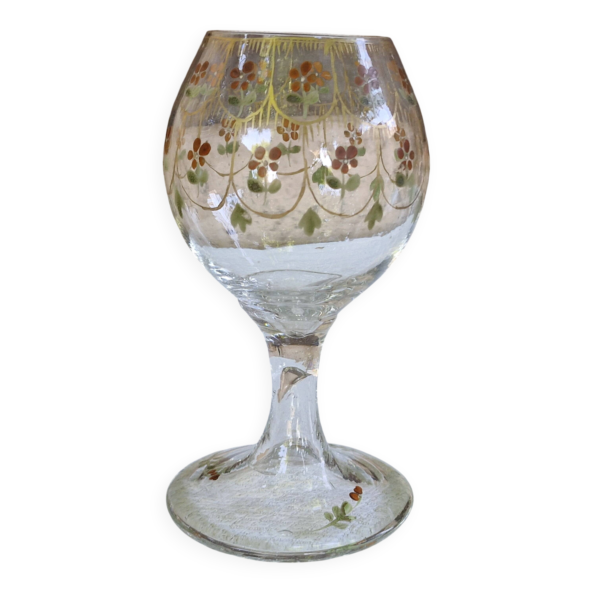 Grand verre ancien émaillé décor floral