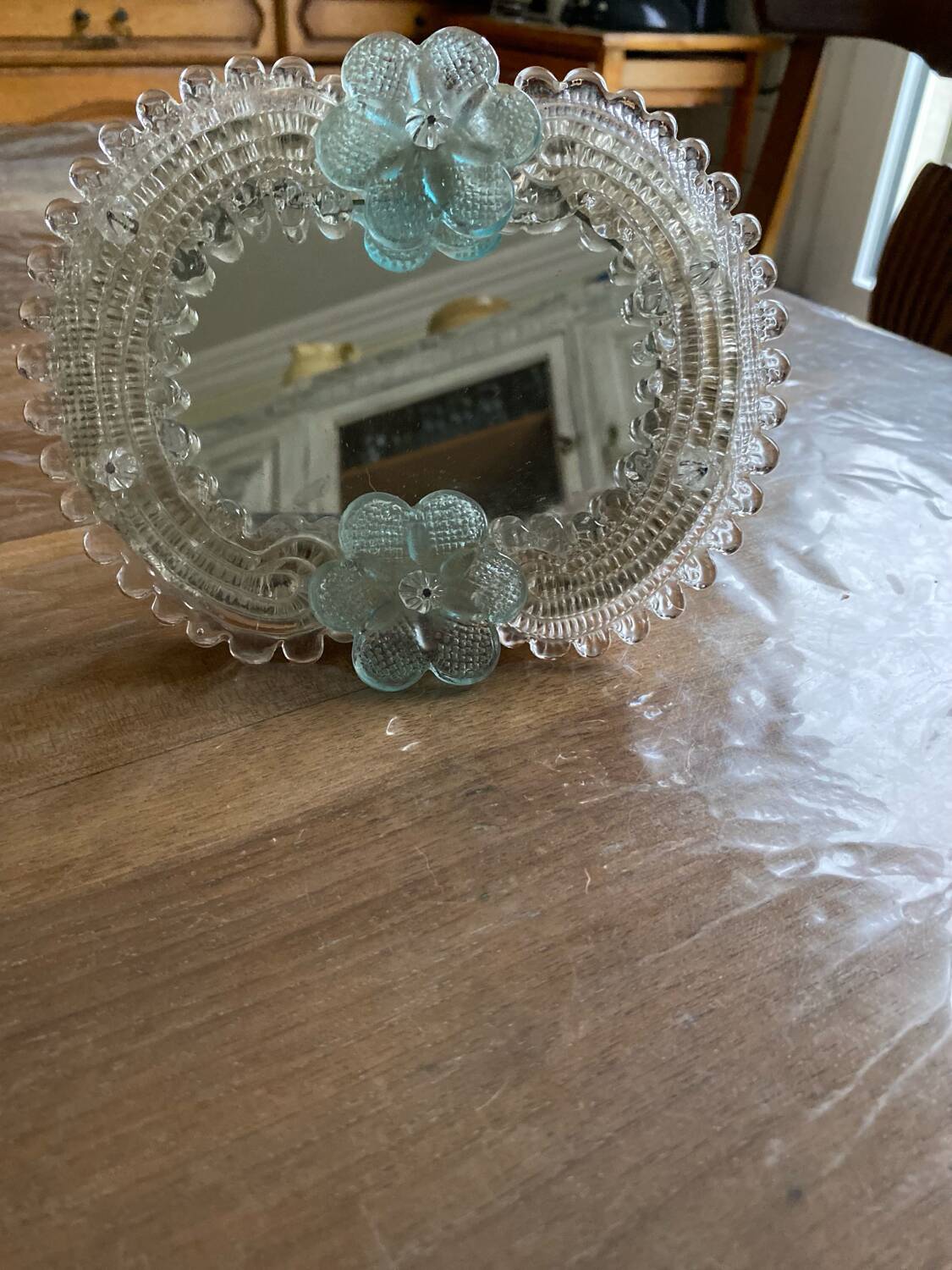 Venetian Murano mirror to stand or hang with blown flower decoration and friezes