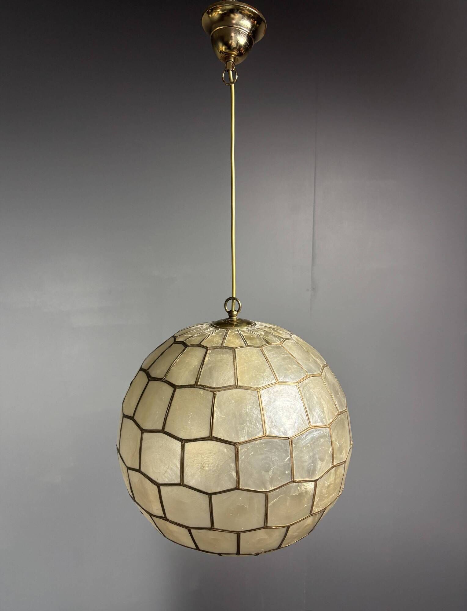 Pair midcentury mother of pearl Capiz large pendants, Feldman Lighting Co