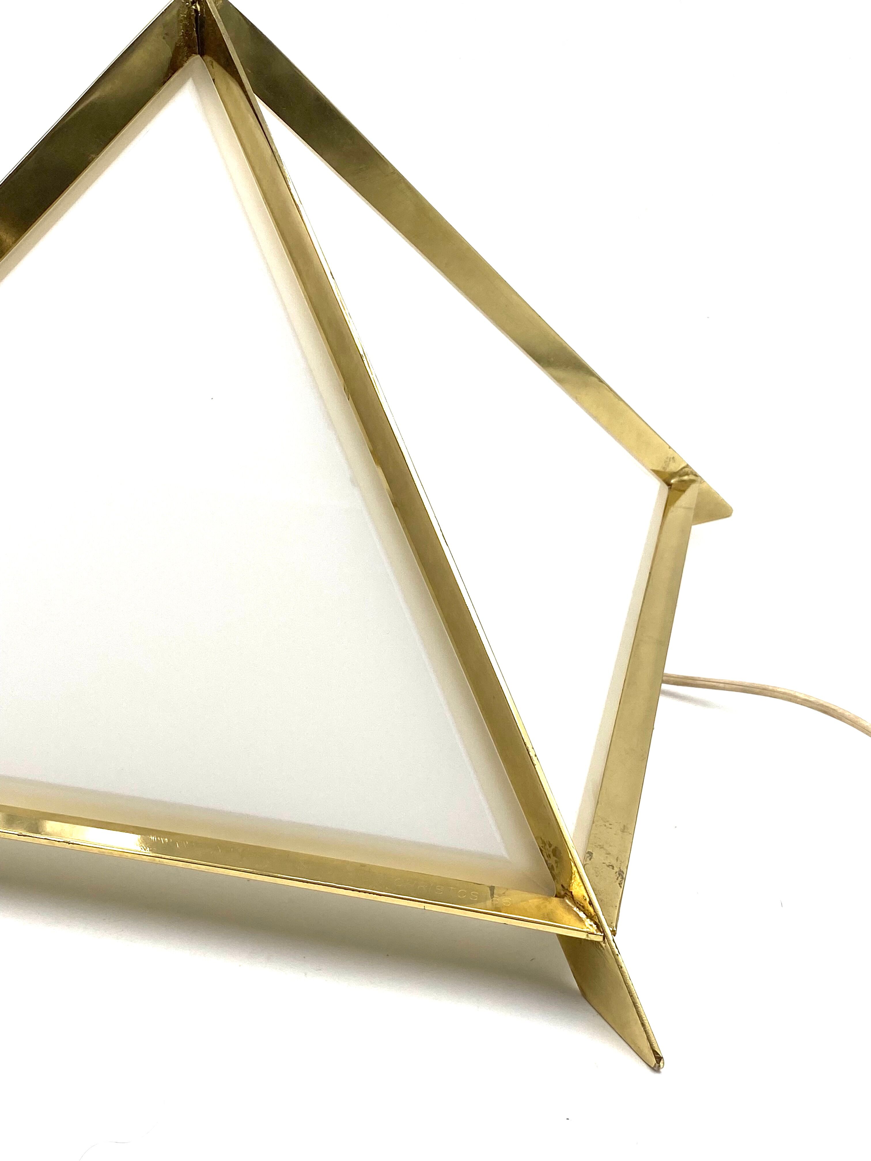 Golden brass Pyramidal table lamp, Christos, Italy 1970