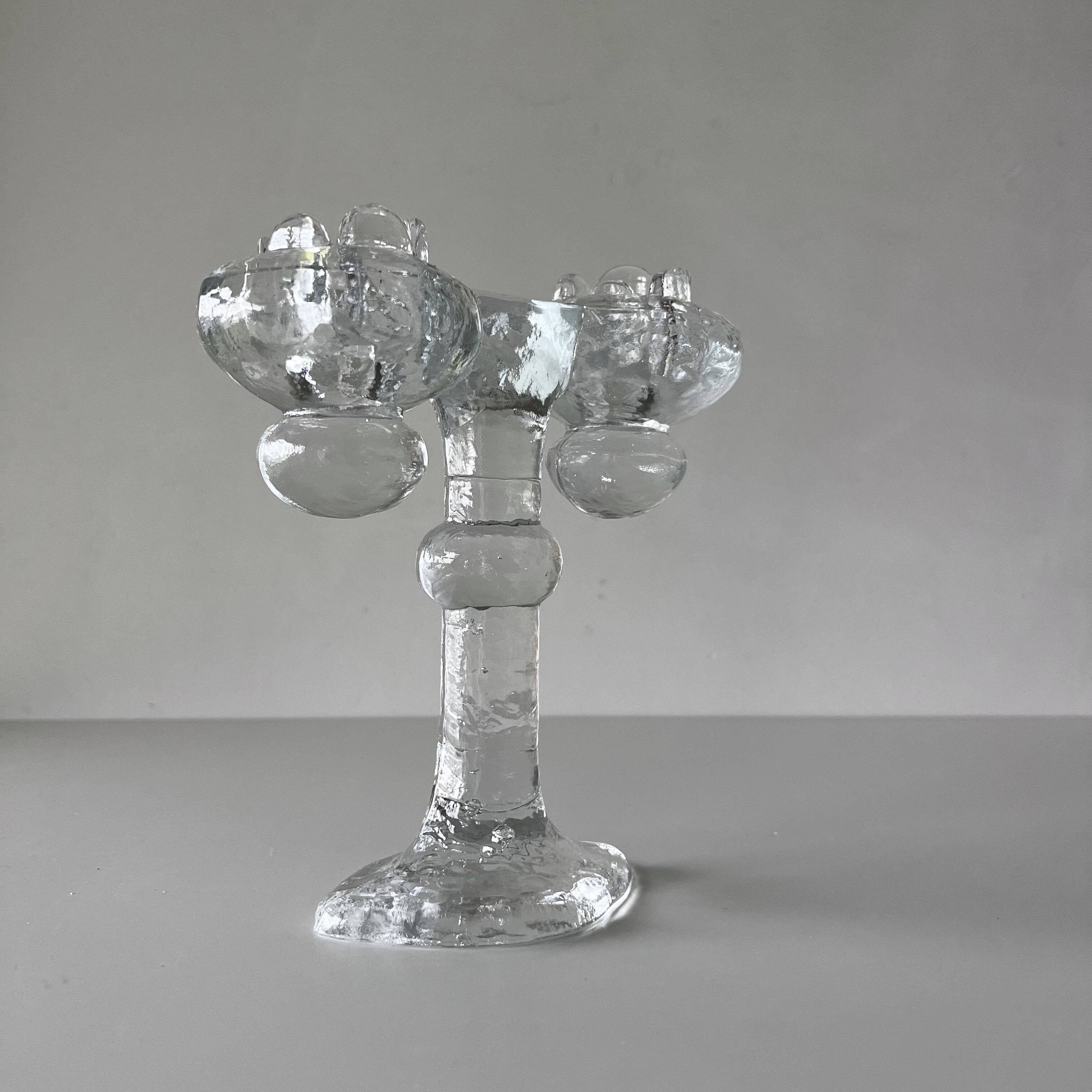 Brutalist double candle holder in ice glass Pukeberg Sweden – 1970