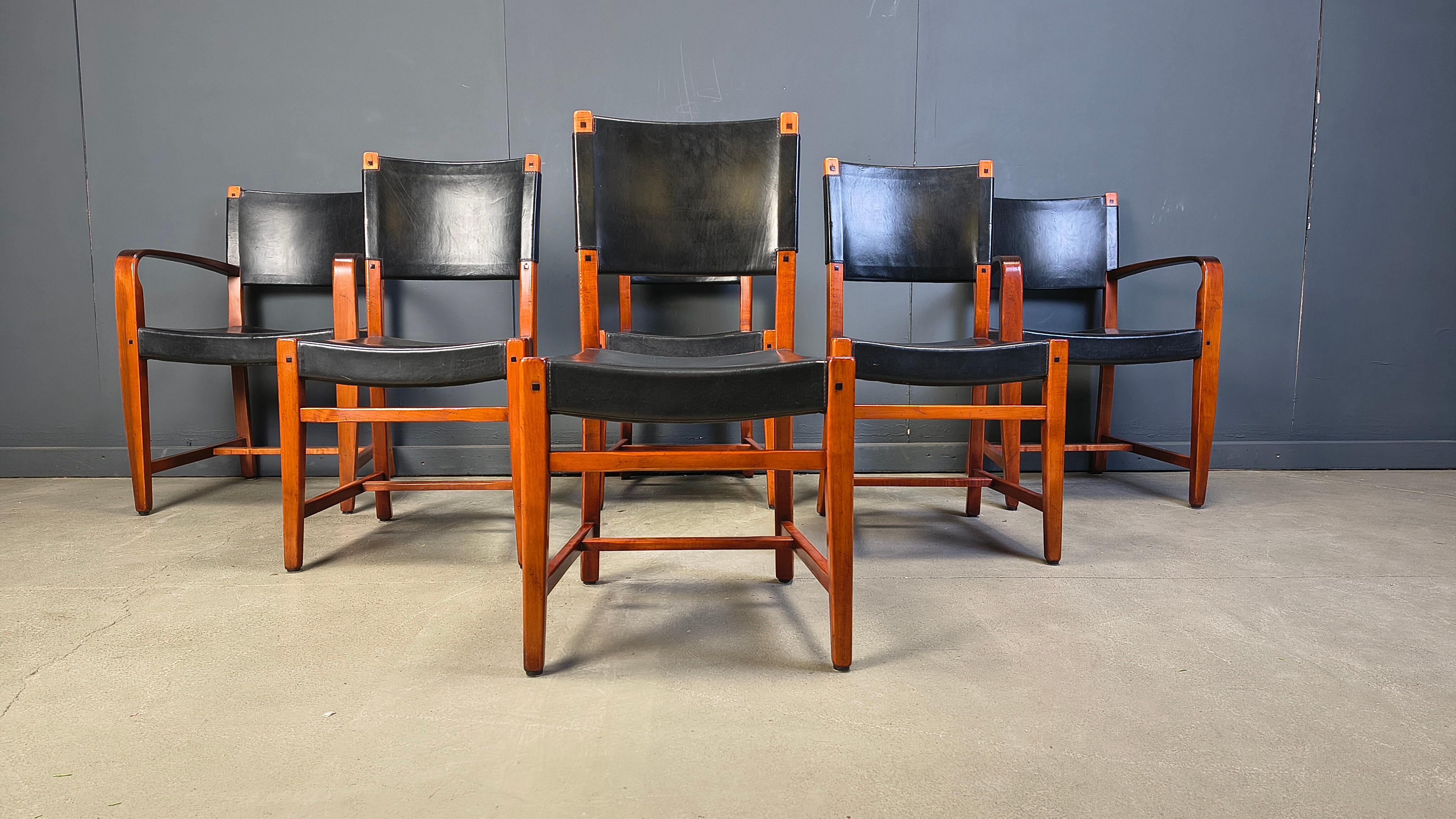 Vintage Spanish leather and wood dining chairs, set of 6 - 1970s