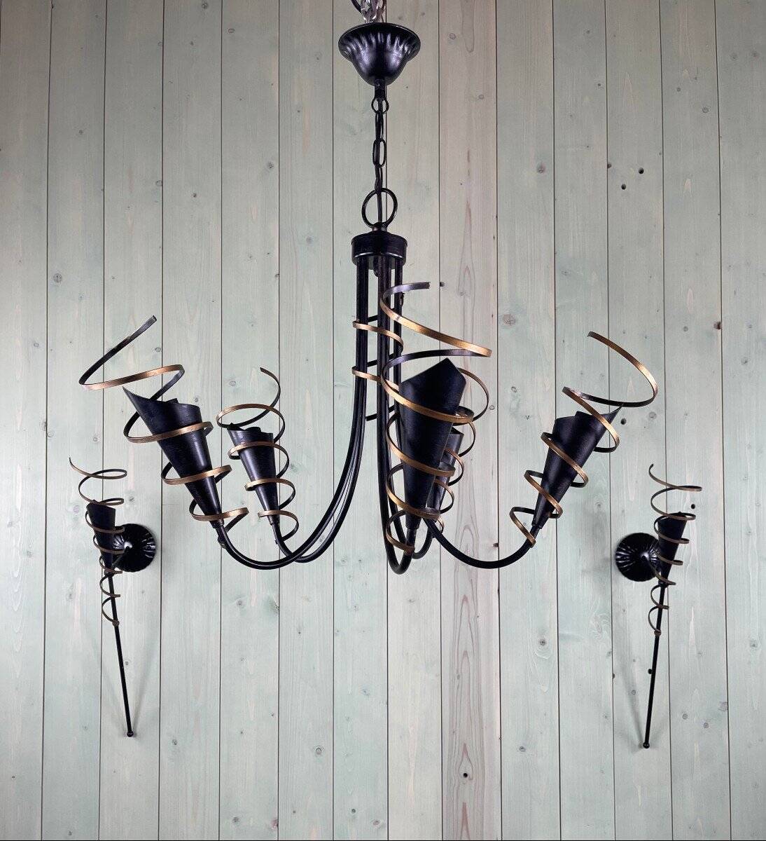 Vintage Chandelier and Pair of Wall Lights