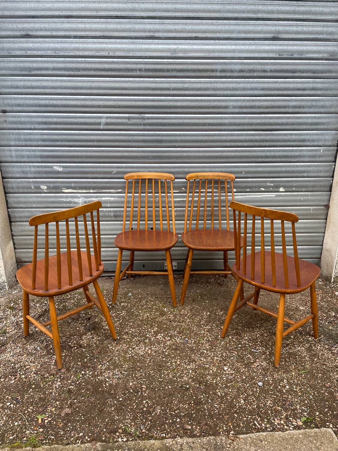 Set of 4 vintage beech chairs with teak seat