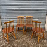 Set of 4 vintage beech chairs with teak seat