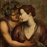 Peinture flamande ancienne sur panneau du XVIIe siècle, Bacchus et Ariane