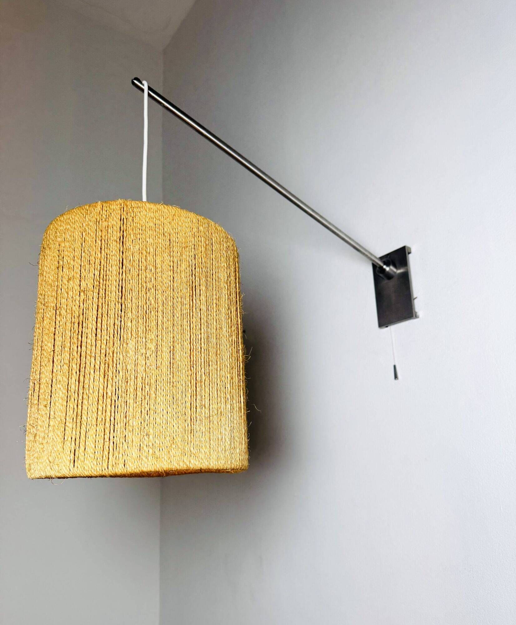 Large Sisal Shade Wall Lamp With Metal Arm, Sweden 1960S
