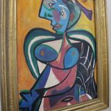 Portrait moderne du milieu du siècle, composition Bauhaus, peinture à l'huile, années 1960, encadrée