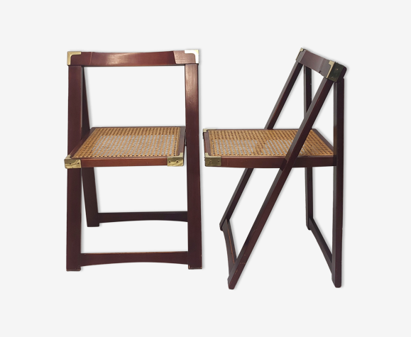 Chaises pliantes en hêtre et siège en grille, Espagne 1970