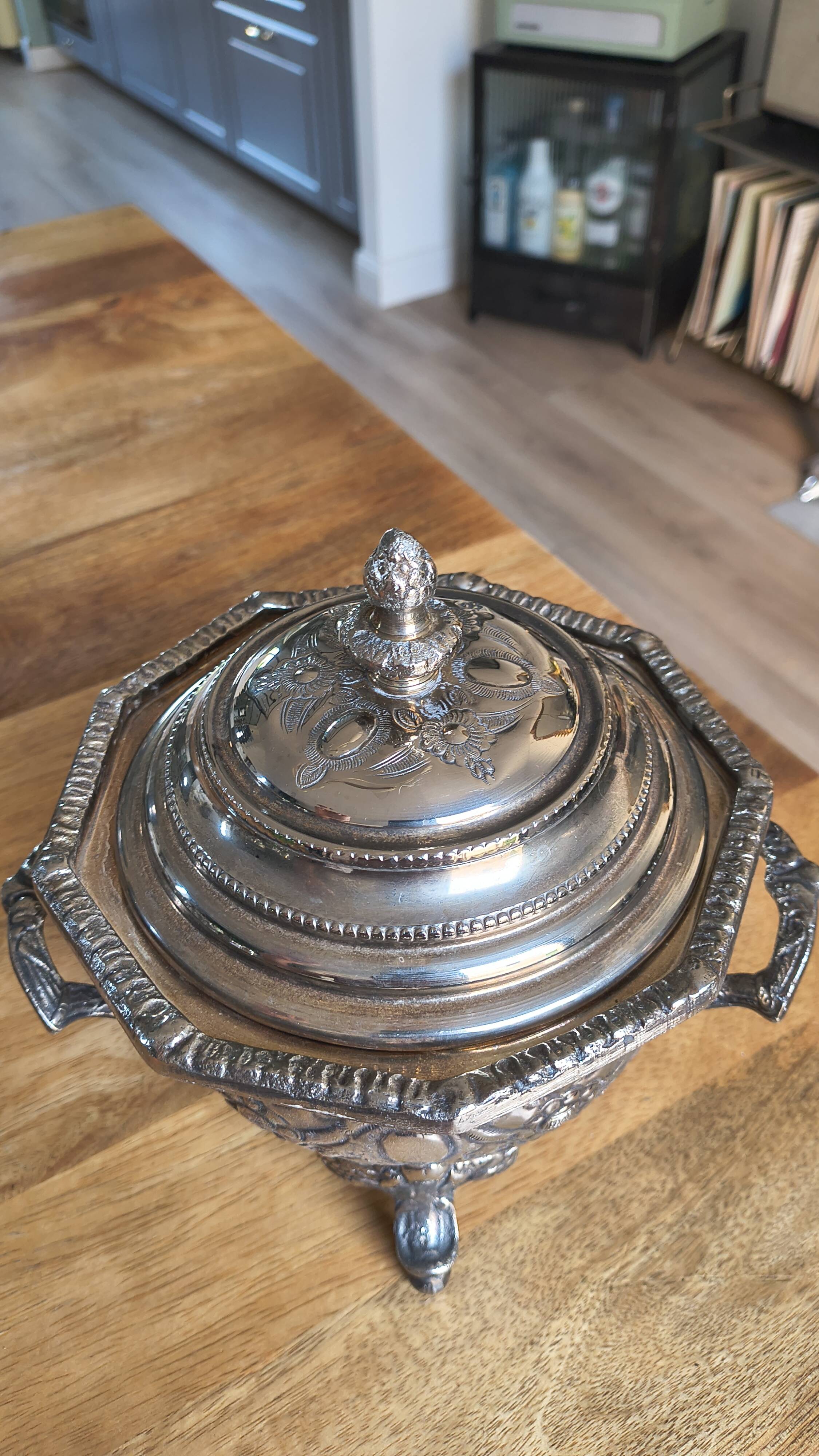 Antique Box / Chased Silver-Plated Sugar Bowl from Fes - Nesting Style (Vi
