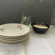 Set of 5 porcelain dessert plates pink and purple flowers