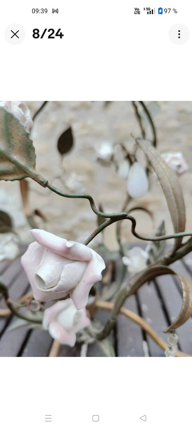 Italian cage chandelier decorated with ceramic roses and glass paste pendants