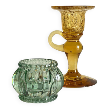Bougeoirs vintage en verre teinté