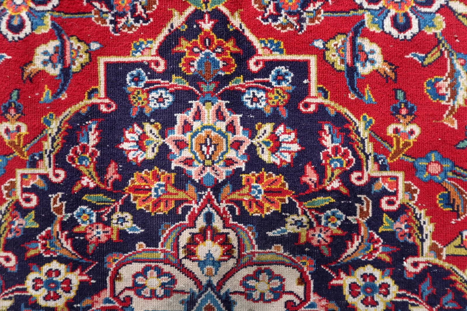 Antique Kashan wool rug, medallion & allover floral, crimson & navy, c. 1920s — 283 × 384 cm — 1C1279