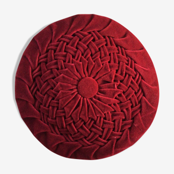 Round velvet cushion pleated hand dark red