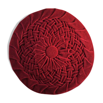 Round velvet cushion pleated hand dark red