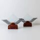 Pair of vintage Murano glass table lamps - sculptural design, triangles and stripes, brown metal bases - Italy 1980s - bedside lamps