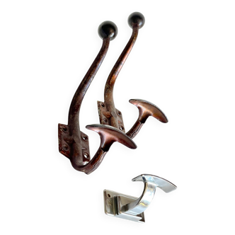 Set of 3 vintage patinated metal coat hooks