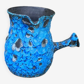 Pitcher, chocolatier, artisanal pottery in blue and black washed ceramic in vintage Vallauris style