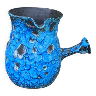 Pitcher, chocolatier, artisanal pottery in blue and black washed ceramic in vintage Vallauris style