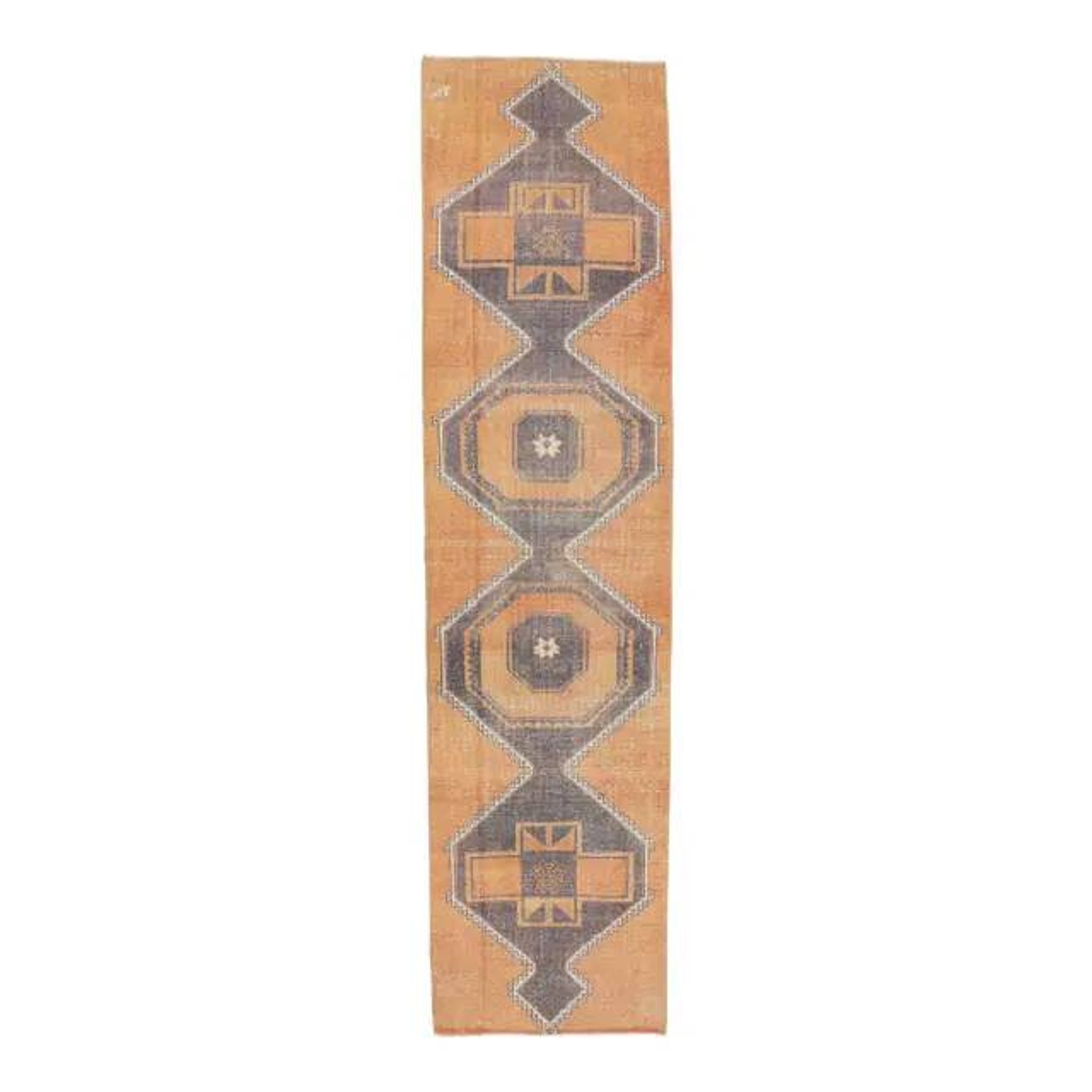 2'9x11'4 vintage orange geometric Turkish hand-knotted runner rug 87x348