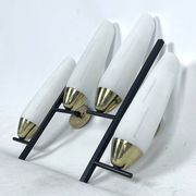 Mid-Century pair of double lights sconces in brass and opaline glass. Italy 1950s