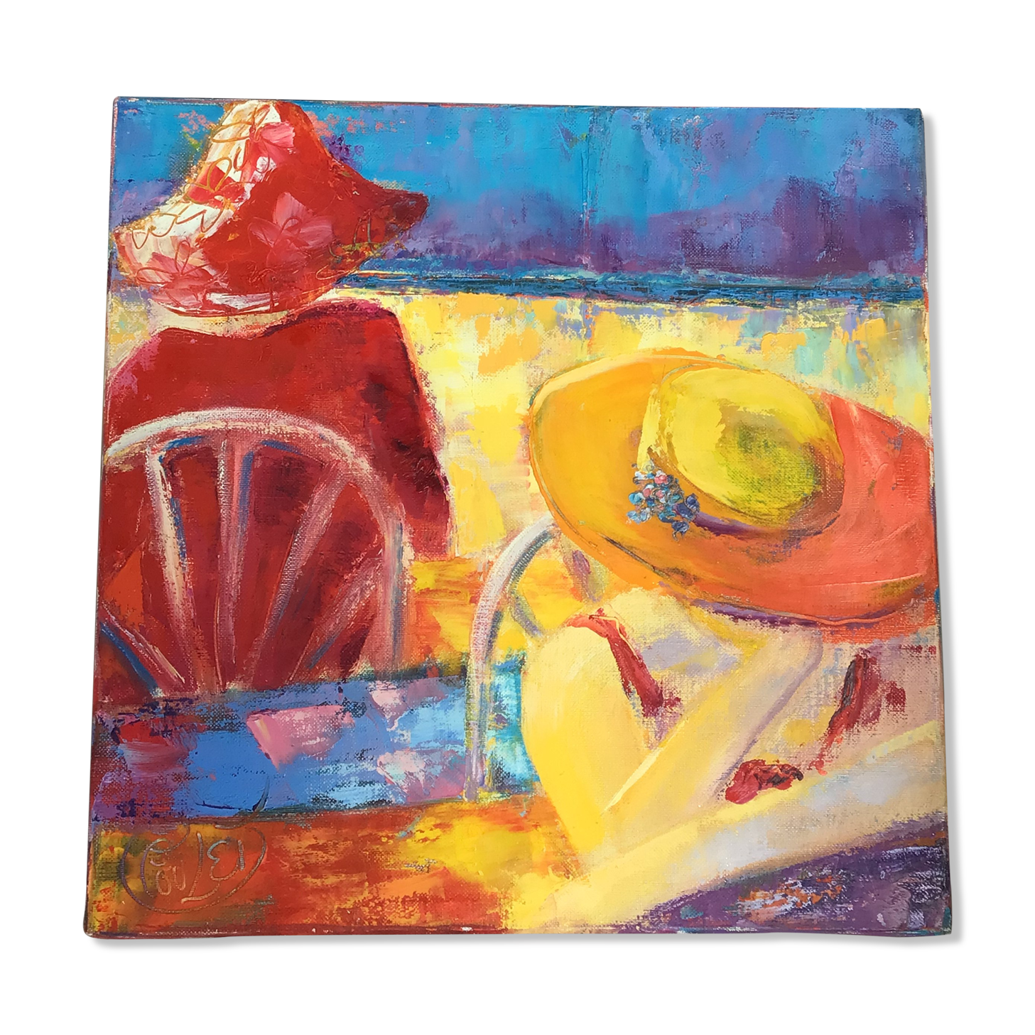 Oil on canvas Terrace signed 40x40cm