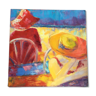 Oil on canvas Terrace signed 40x40cm